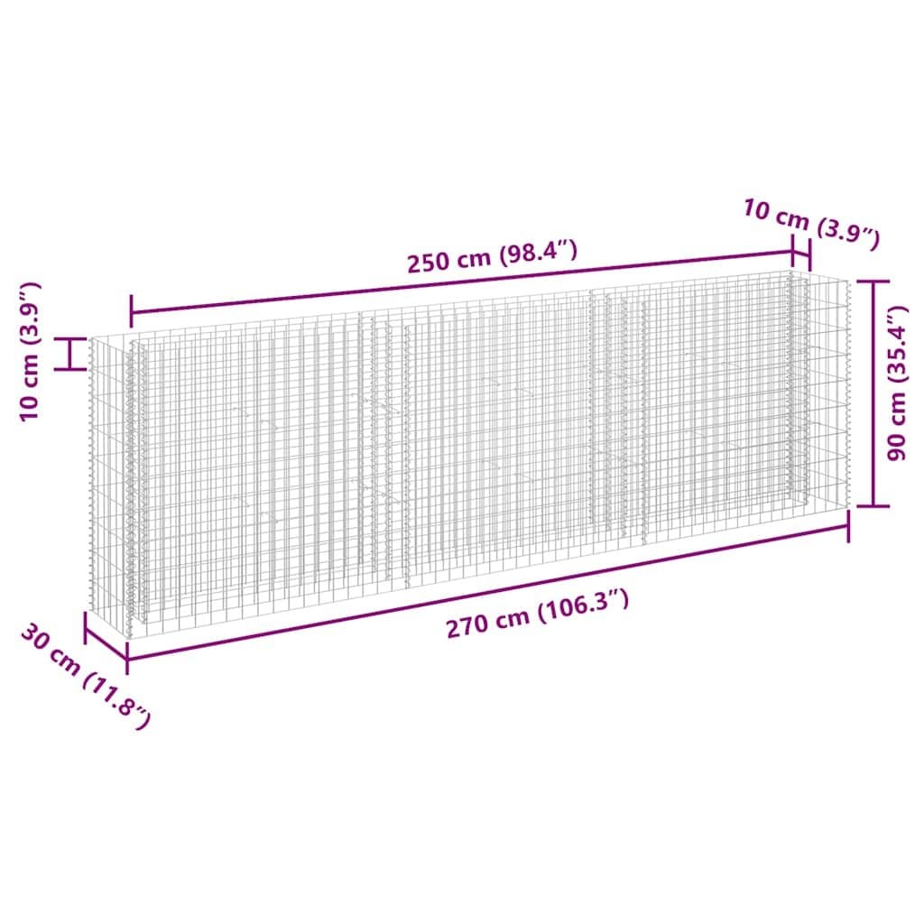 Gabion Raised Bed in Galvanised Steel 270x30x90cm