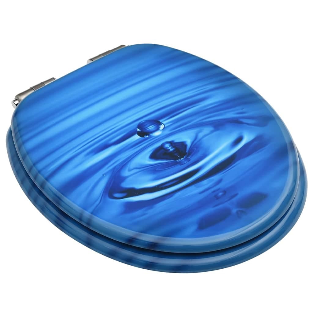 Toilet Seat with Soft Close Lid Blue Water Drop Design MDF Adjustable Hinges