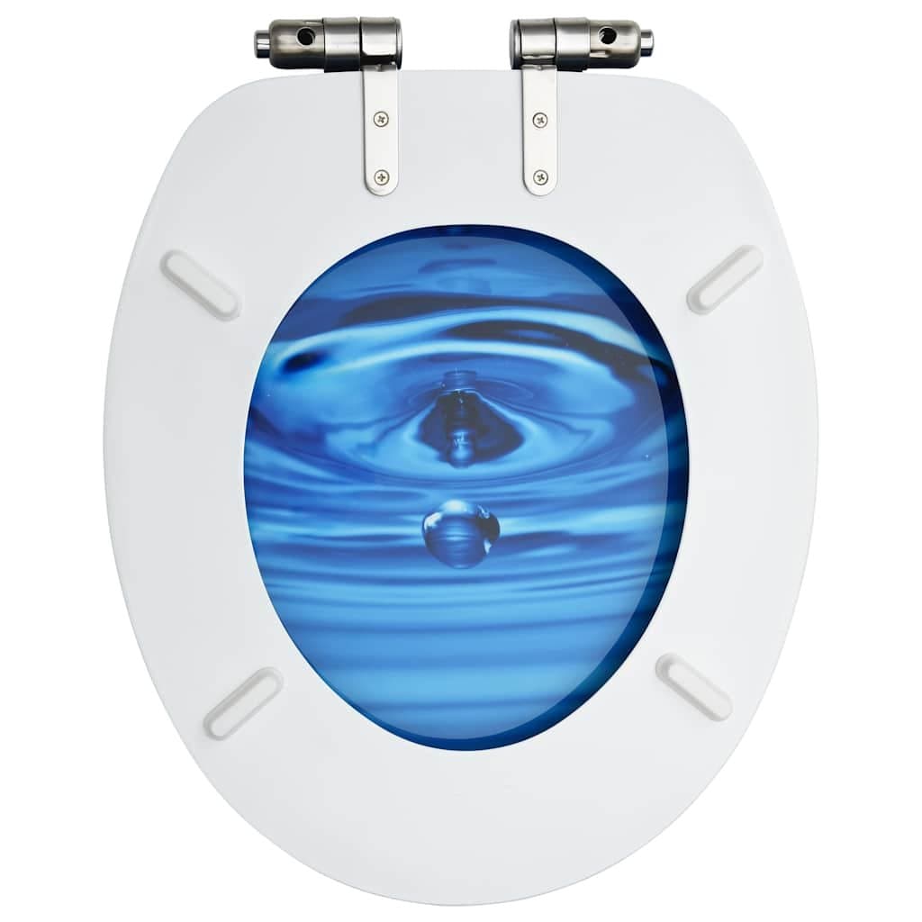 Toilet Seat with Soft Close Lid Blue Water Drop Design MDF Adjustable Hinges