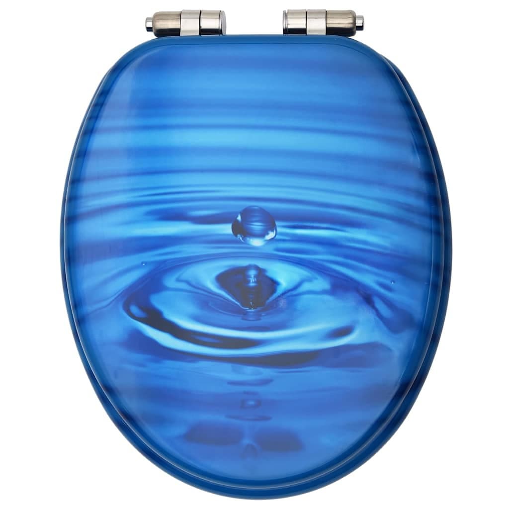 Toilet Seat with Soft Close Lid Blue Water Drop Design MDF Adjustable Hinges