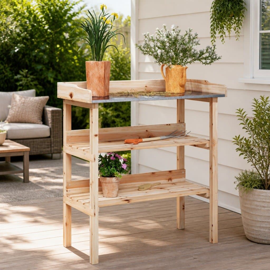 Plant Stand Table with 2 Shelves Potting Bench Garden Worktop Storage Display
