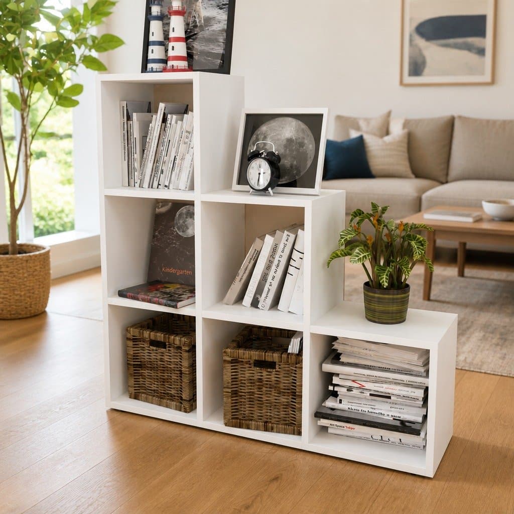 White Staircase Bookcase with 6 Open Compartments