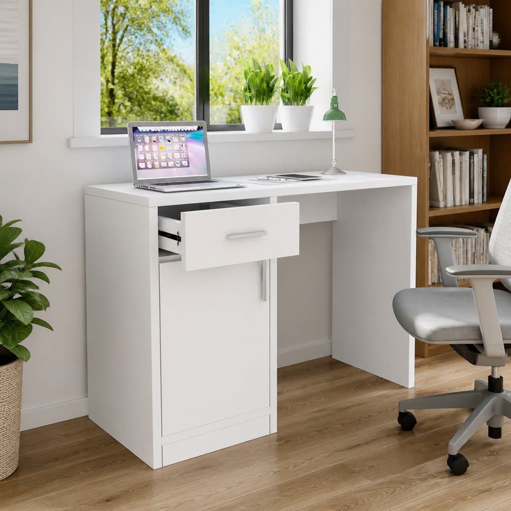 White Desk with Drawer and Cabinet Modern Office Study Bedroom Furniture Storage