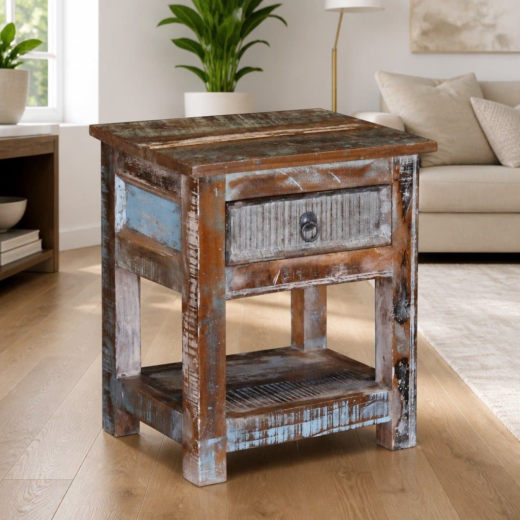 Solid Reclaimed Wood End Table with Storage Drawer