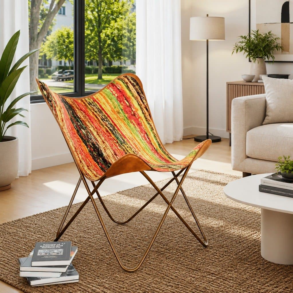 Multicolour Chindi Fabric Butterfly Chair with Iron Frame