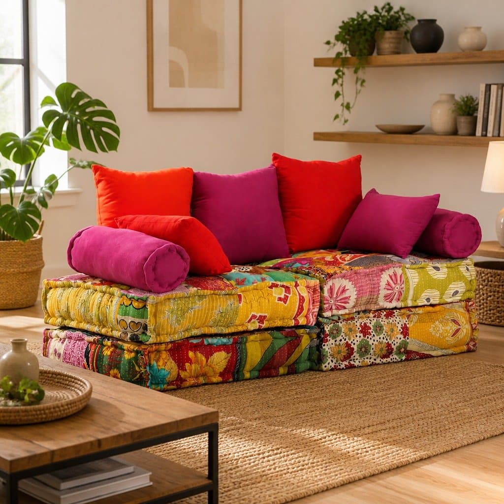 2-Seater Modular Patchwork Pouffe Sofa Bed