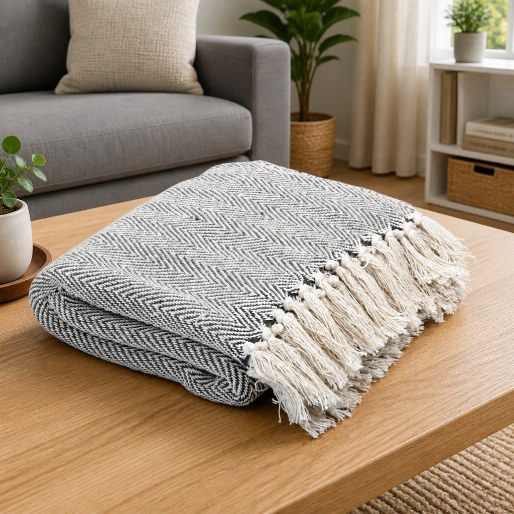 Herringbone Grey Cotton Throw Blanket 160x210 cm