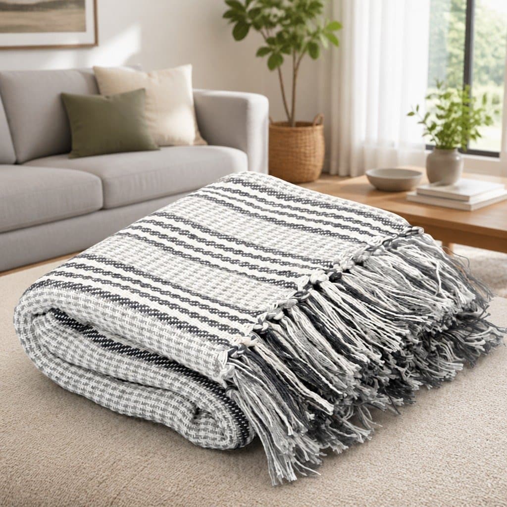 Soft Cotton Throw Blanket with Stripes and Tassels