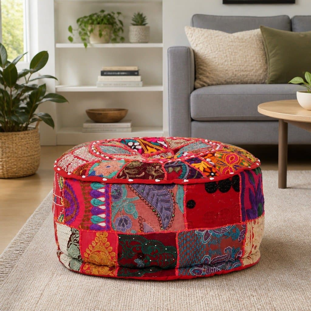 Handmade Red Cotton Round Patchwork Pouffe Ottoman