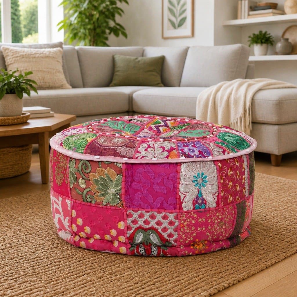 Round Patchwork Pouffe Footrest Handmade Cotton Pink 40x20 cm Boho Decor
