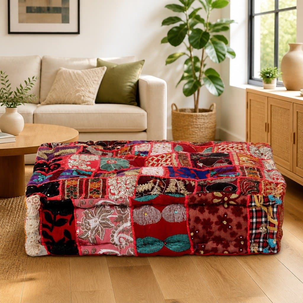 Handmade Cotton Patchwork Pouffe with Embroidery