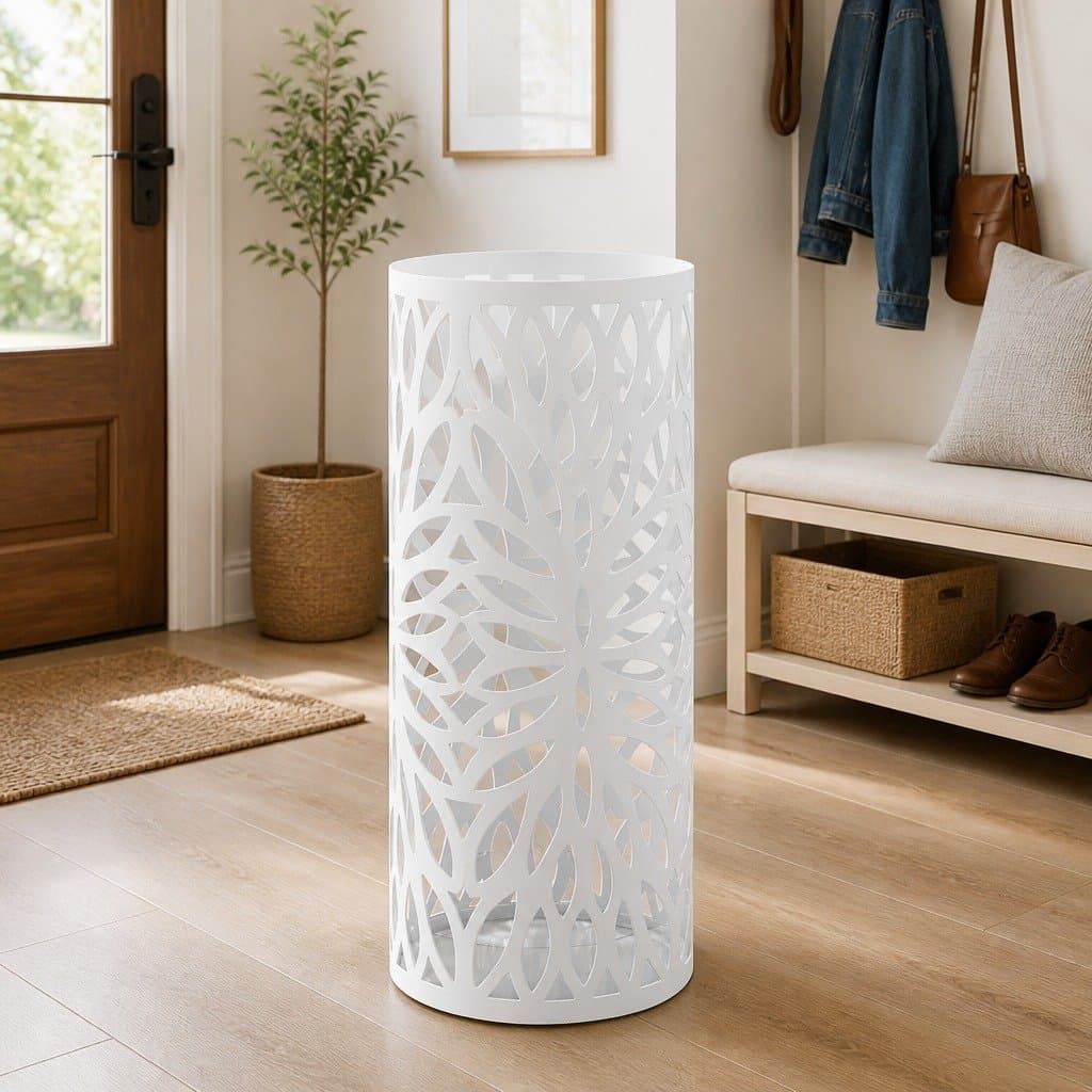 Umbrella Stand with Leaves Design White Steel Holder for Umbrellas Walking