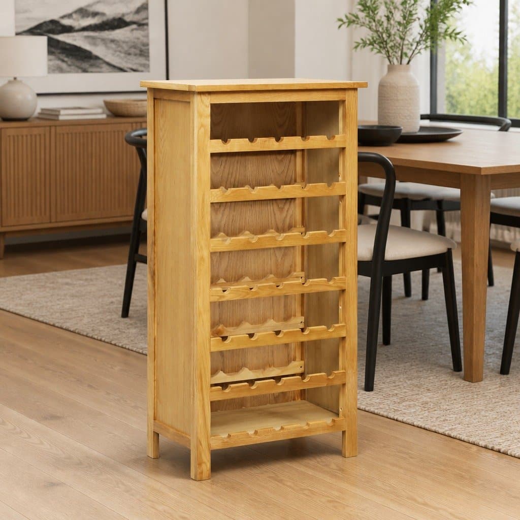 Brown Solid Oak Wood Wine Cabinet with 7 Shelves