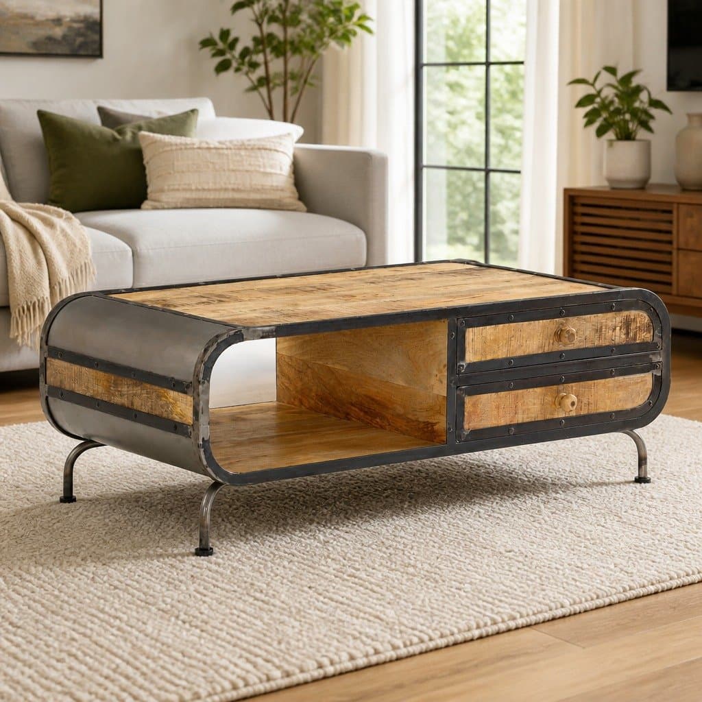 Solid Mango Wood Coffee Table with Storage Drawers 100x50x35cm