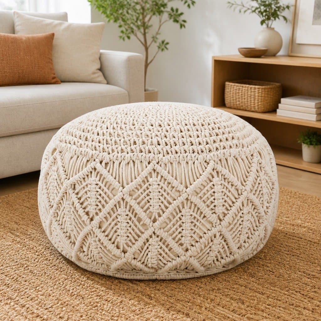 Macrame Pouffe Footstool Handmade Cotton Round Pouf Boho Seat Footrest 45x30cm