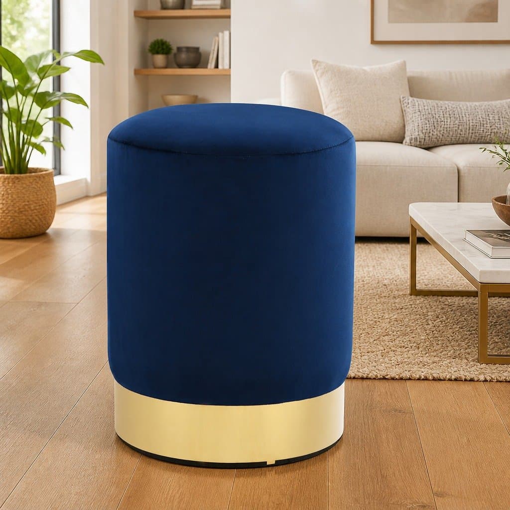 Blue Velvet Barrel Stool with Gold Base