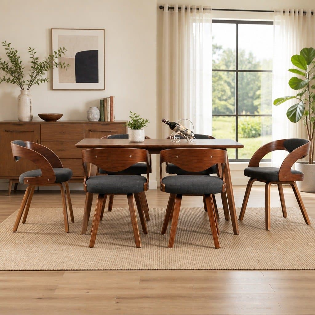 Dining Chairs 6 pcs Grey Bent Wood Frame Fabric Upholstered Kitchen Room Seating