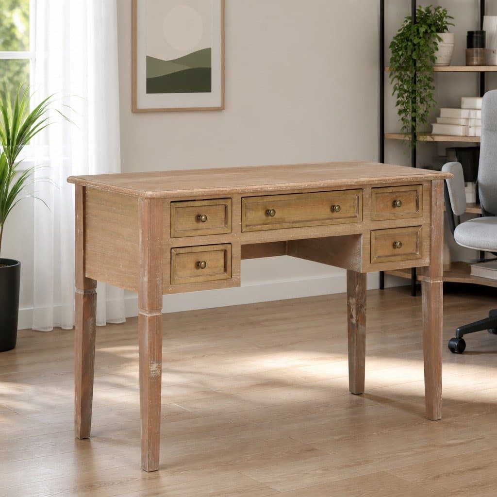 Brown Wooden Writing Desk with Five Drawers