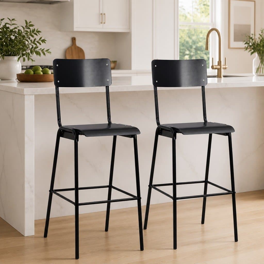 Black Plywood Bar Stools Set of 2 with Steel Legs