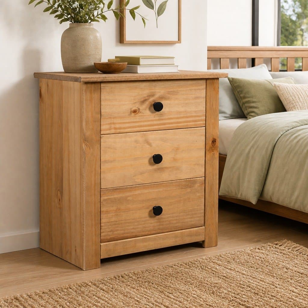 Brown Pine Nightstand with 3 Drawers