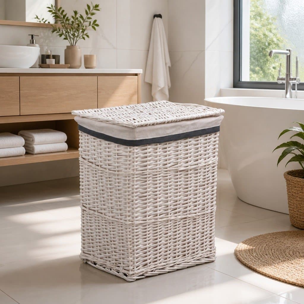White Woven Willow Laundry Basket for Storage