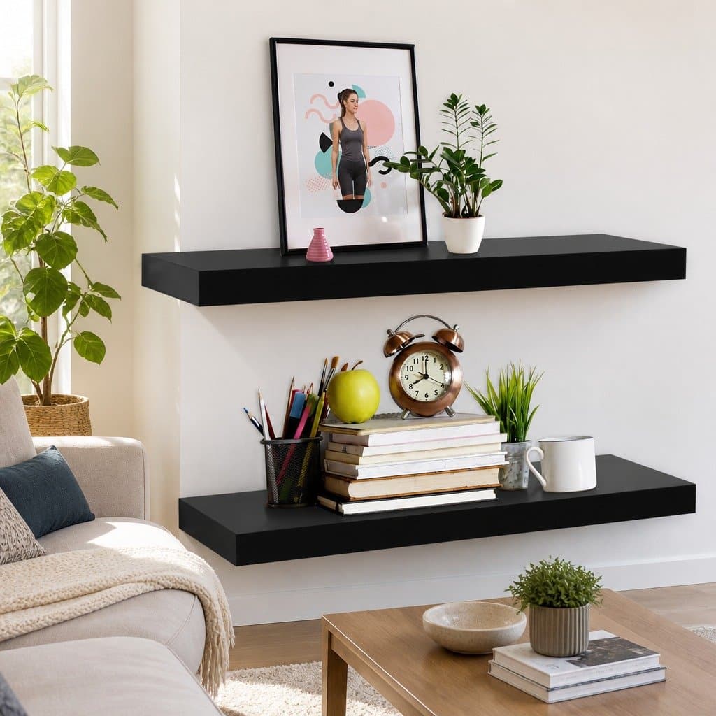 Floating Wall Shelves 2 Pieces Black Display Storage Home Decor Organiser