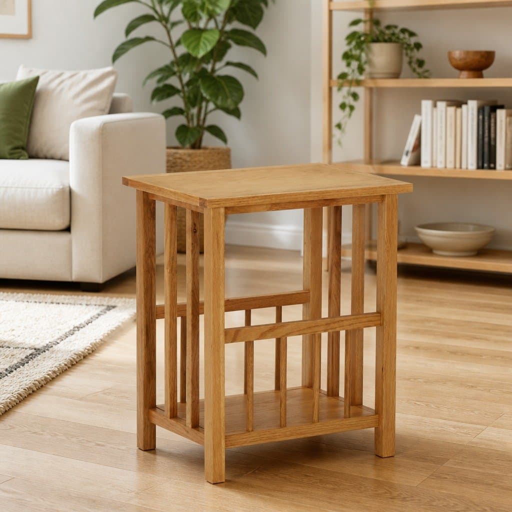 Oak Wood End Table with Magazine Rack