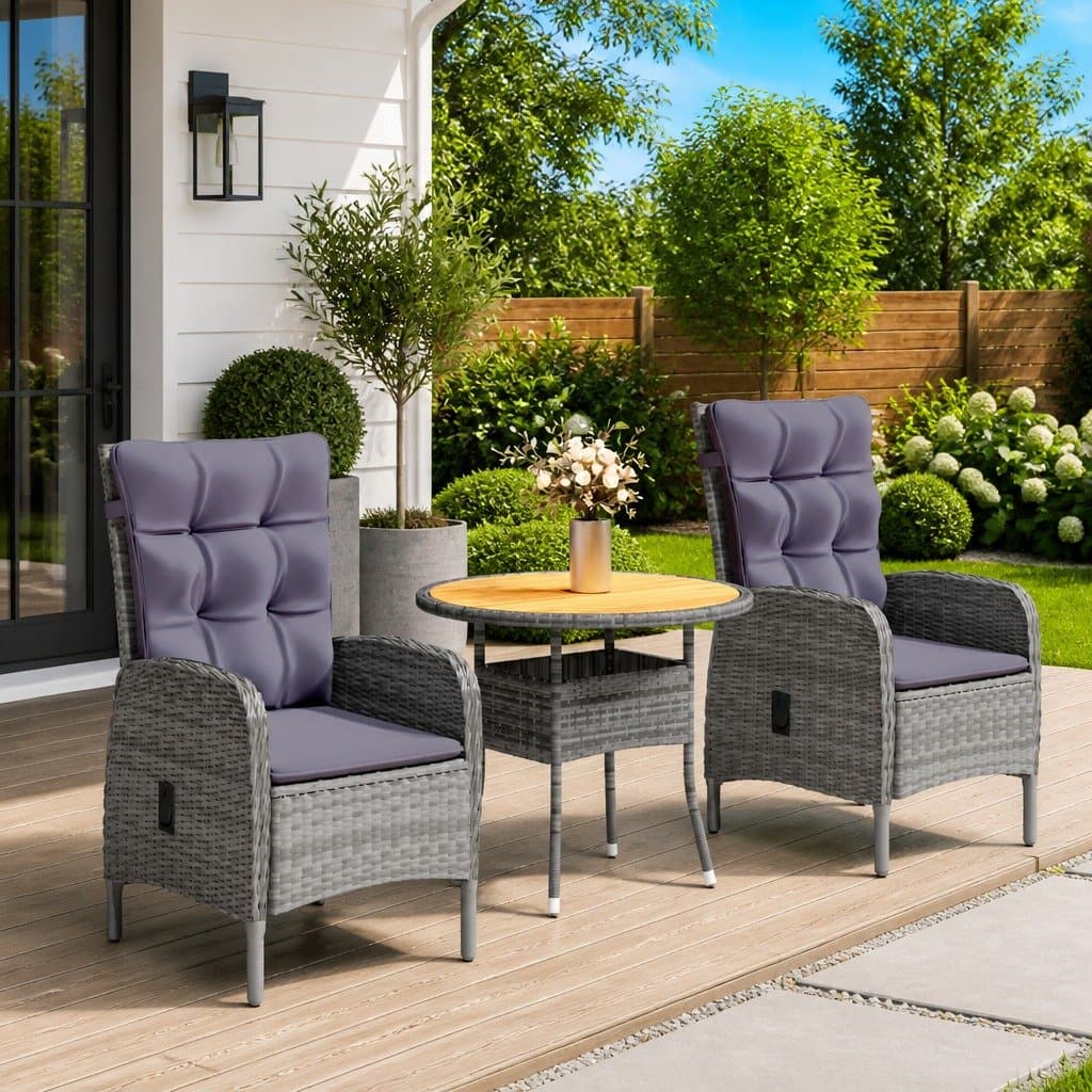 3 Piece Garden Bistro Set with Grey Armchairs