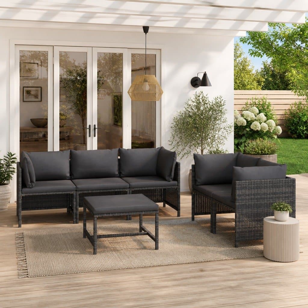 6-Piece Grey Poly Rattan Garden Lounge Set with Cushions