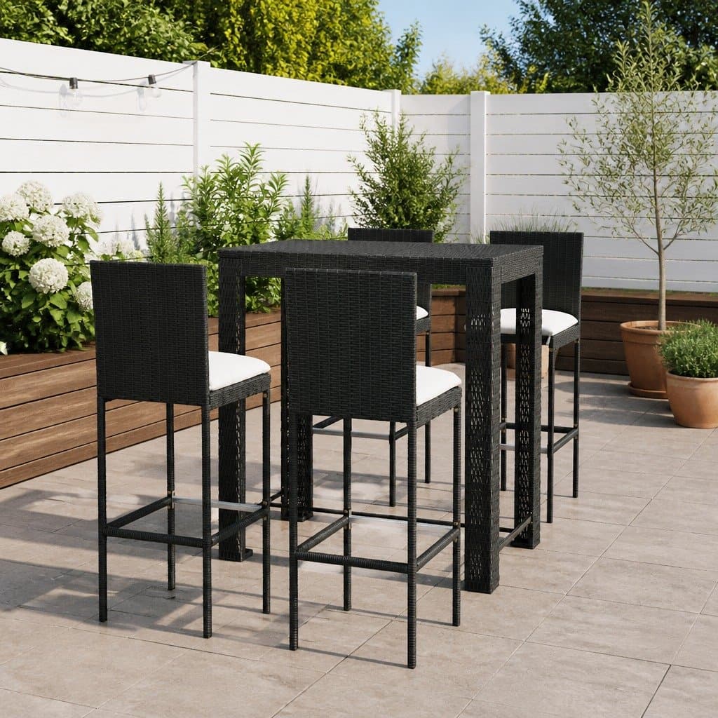 5 Piece Black Poly Rattan Outdoor Bar Set with Stools