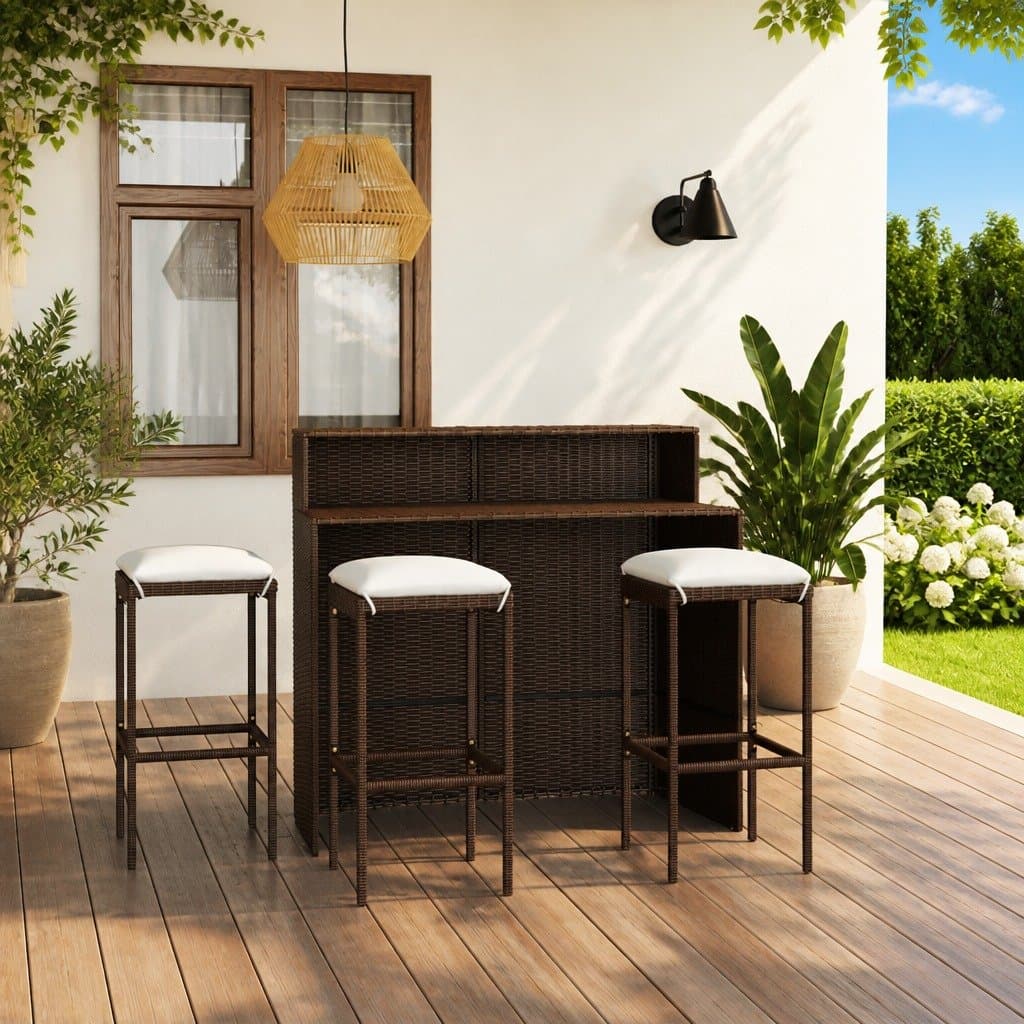 4-Piece Garden Bar Set with Cushions in Brown Rattan