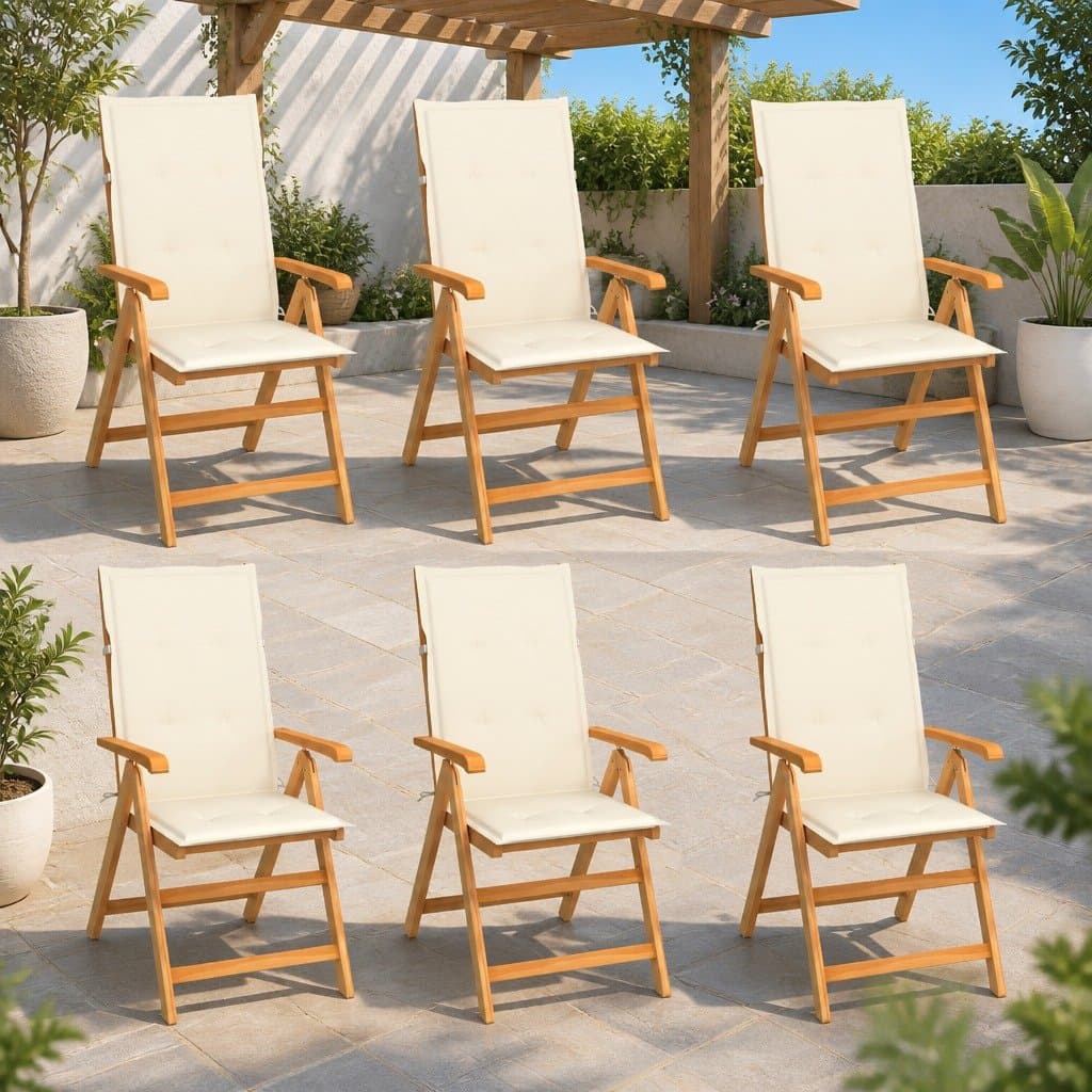 Teak Wood Garden Chairs Set of 6 with Cream Cushions