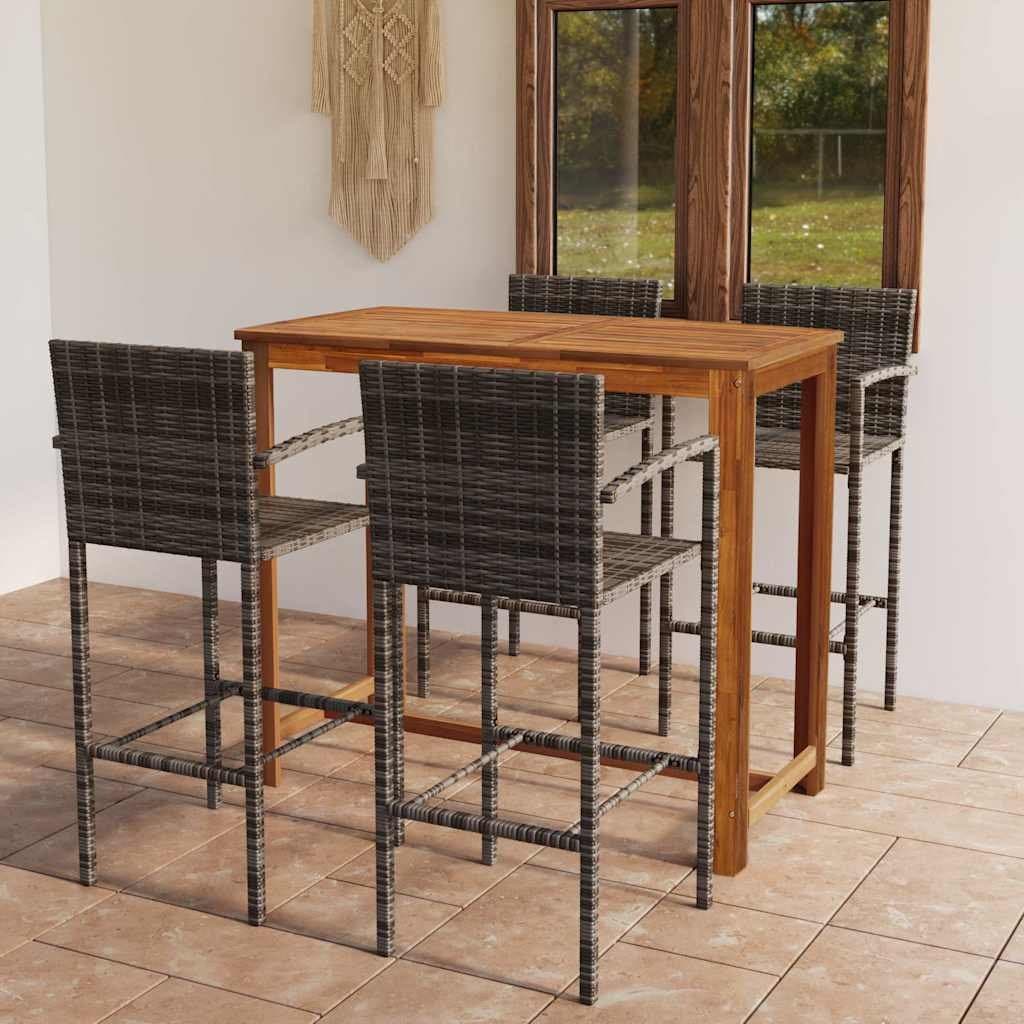 5-Piece Grey Garden Bar Set with Rattan Stools