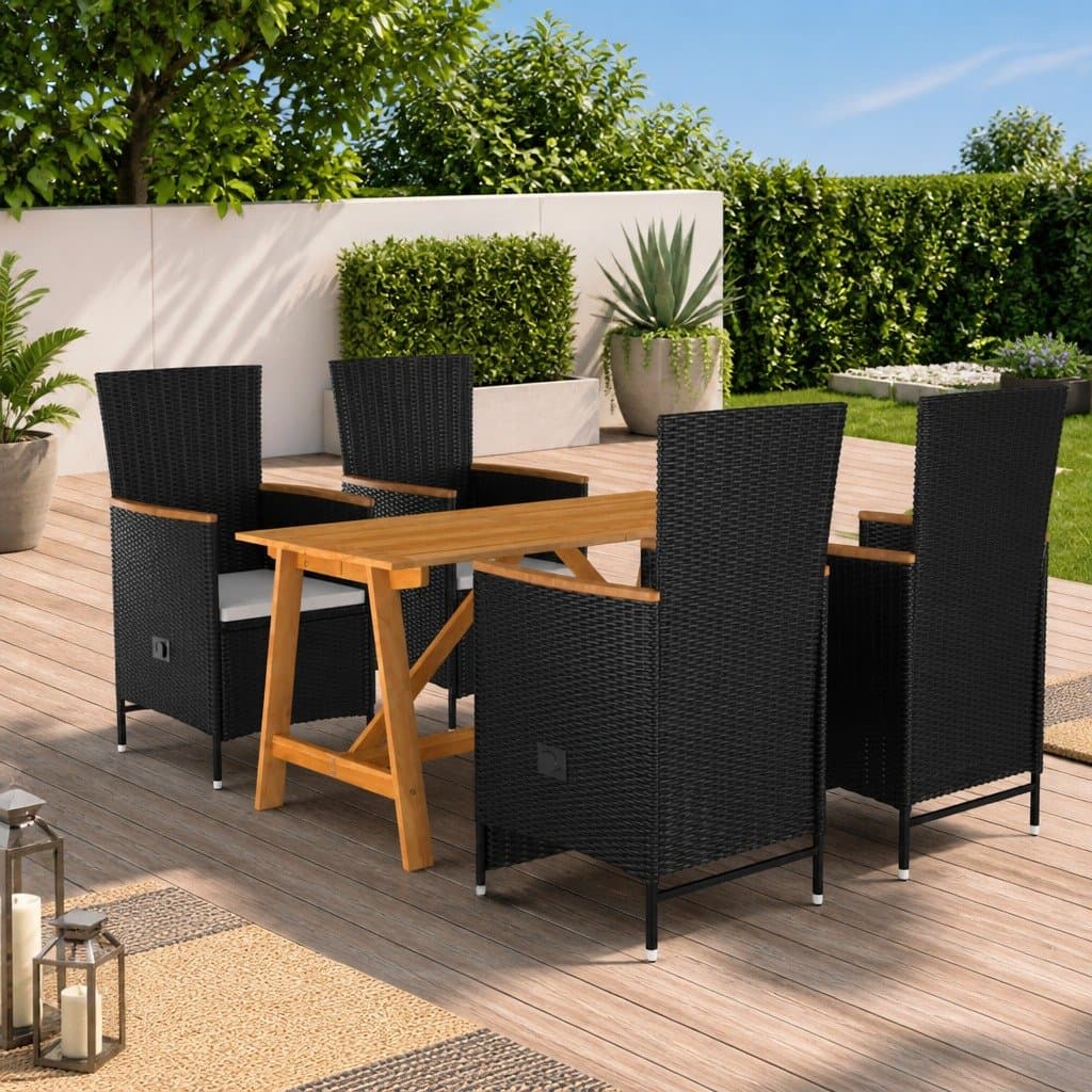 5 Piece Outdoor Dining Set with Reclining Chairs in Black