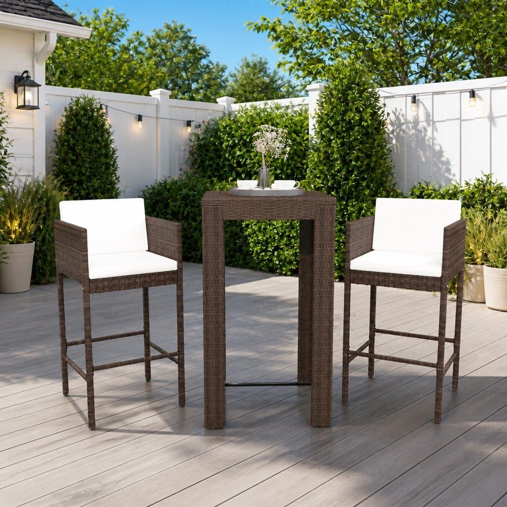 3 Piece Brown Rattan Garden Bar Set with Cushions