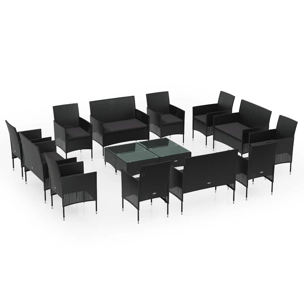 16-Piece Black Outdoor Garden Lounge Set with Cushions
