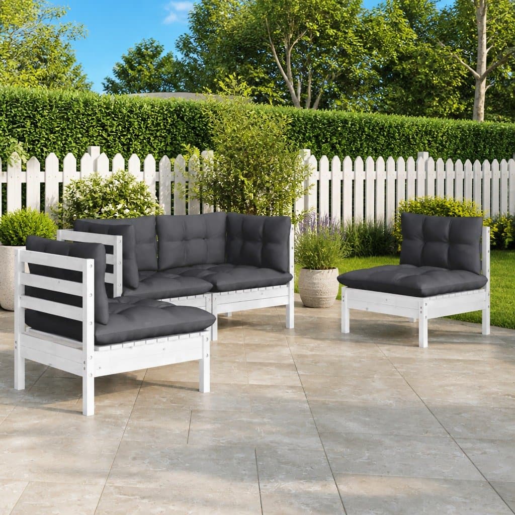 4 Piece White Patio Lounge Set with Cushions in Pinewood