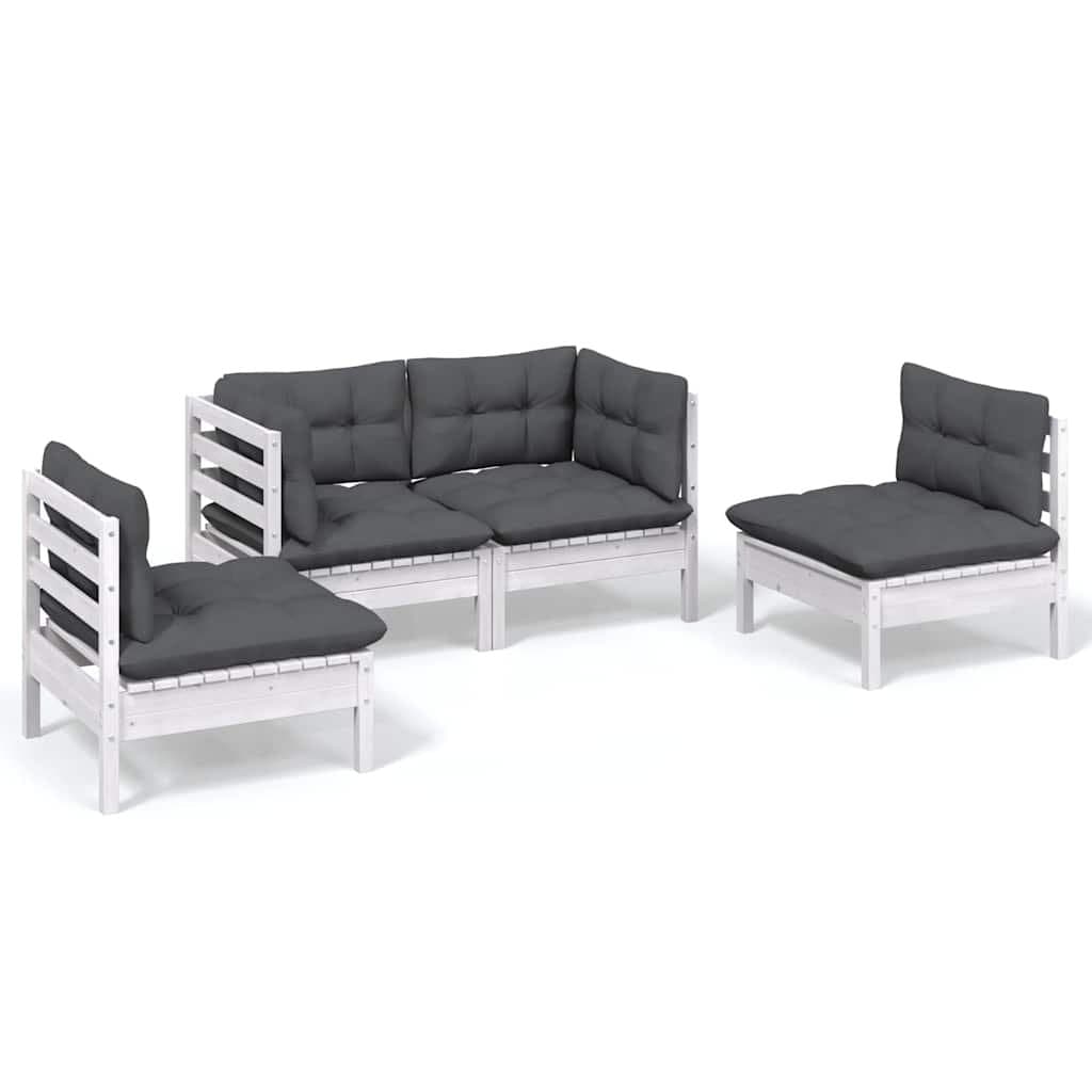 4 Piece White Patio Lounge Set with Cushions in Pinewood