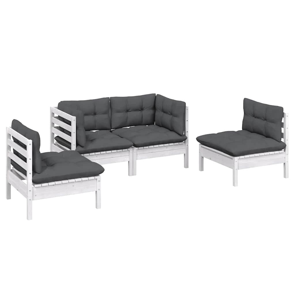 4 Piece White Patio Lounge Set with Cushions in Pinewood