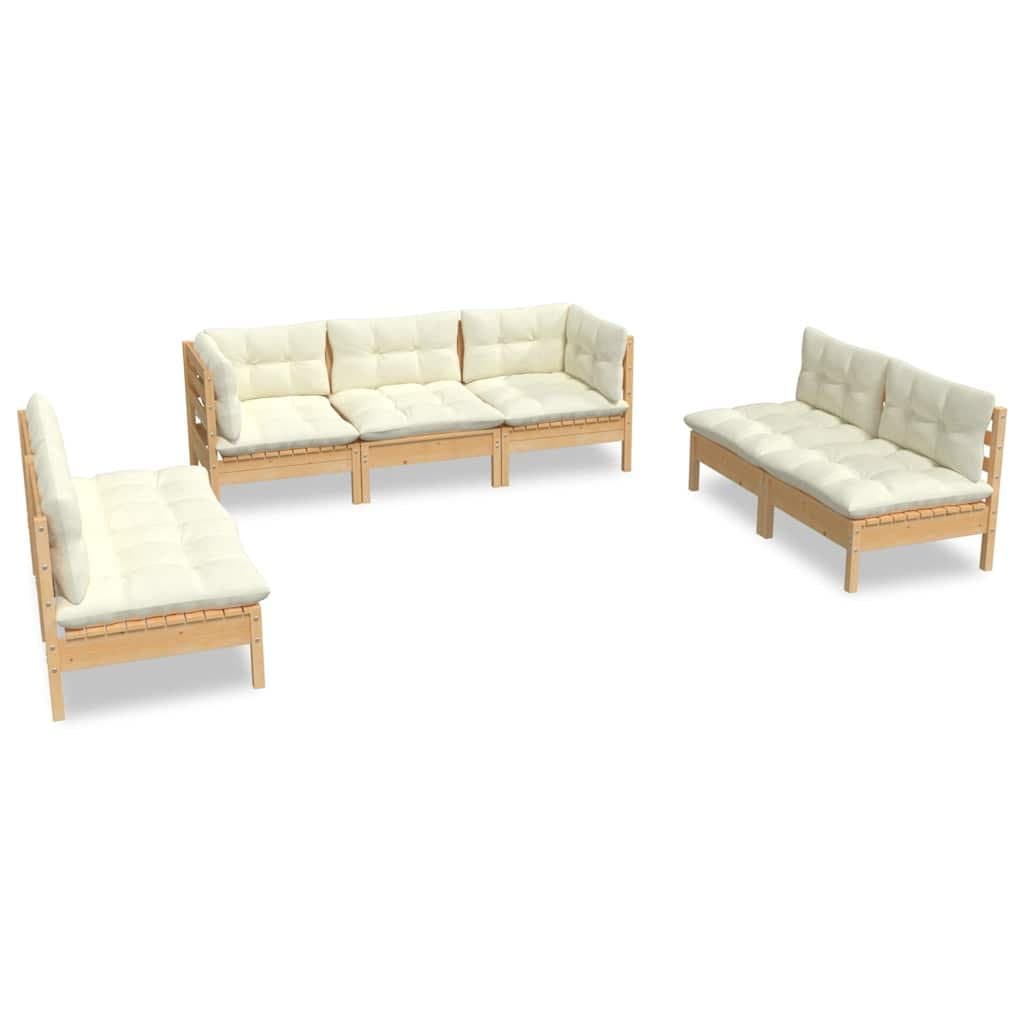Solid Pinewood 7 Piece Outdoor Garden Lounge Set with Cream Cushions