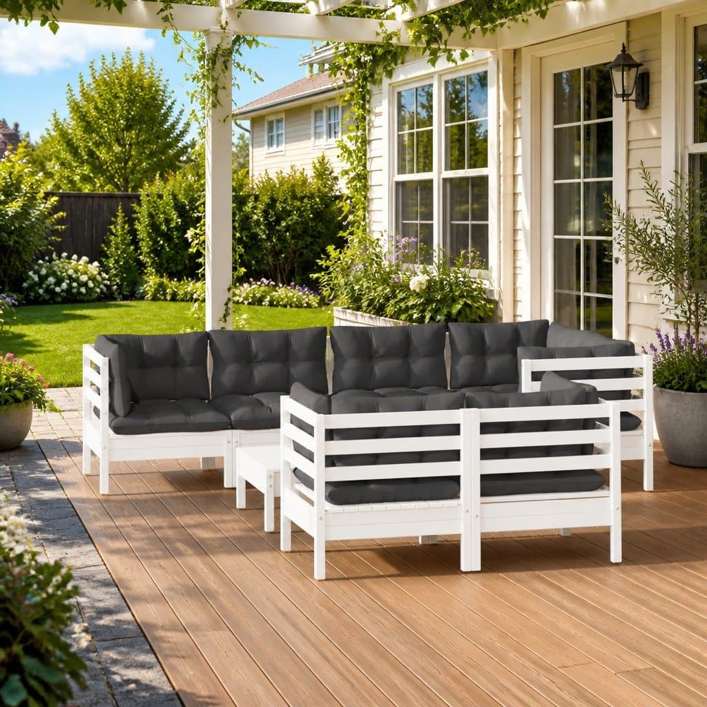 8-Piece Garden Lounge Set in White Pinewood with Cushions