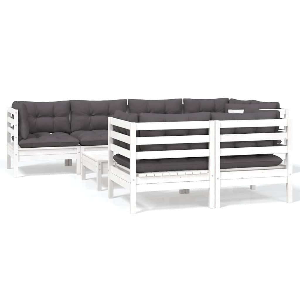 8-Piece Garden Lounge Set in White Pinewood with Cushions