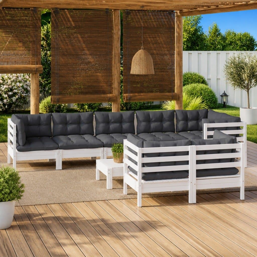9 Piece White Pinewood Garden Lounge Set