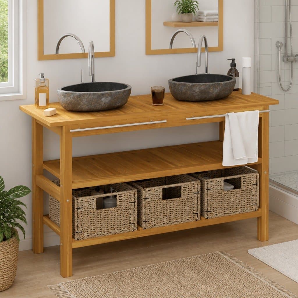 Bathroom Vanity Cabinet with River Stone Sinks