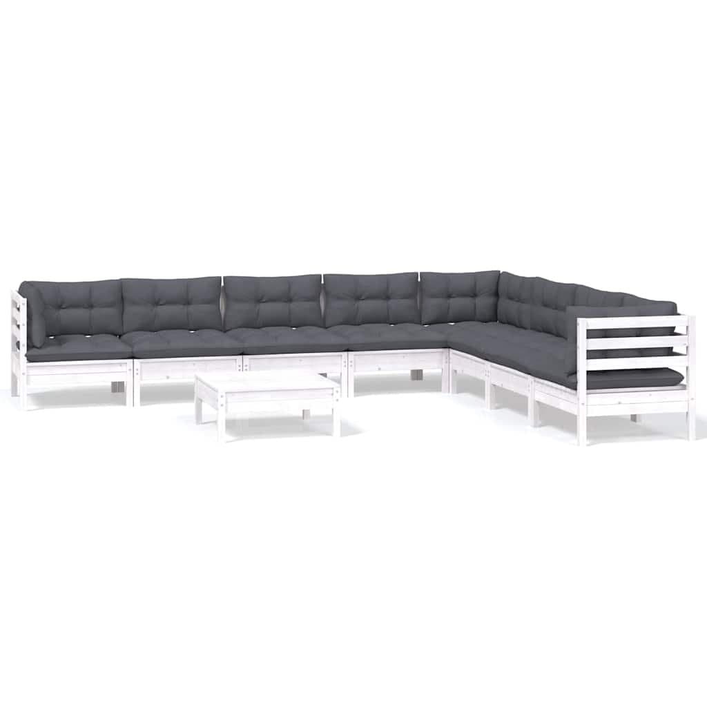 9 Piece White Solid Pinewood Garden Lounge Set with Cushions