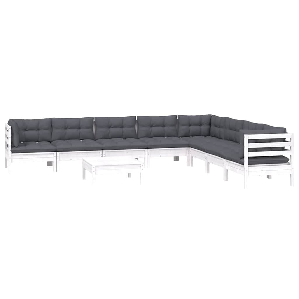 9 Piece White Solid Pinewood Garden Lounge Set with Cushions