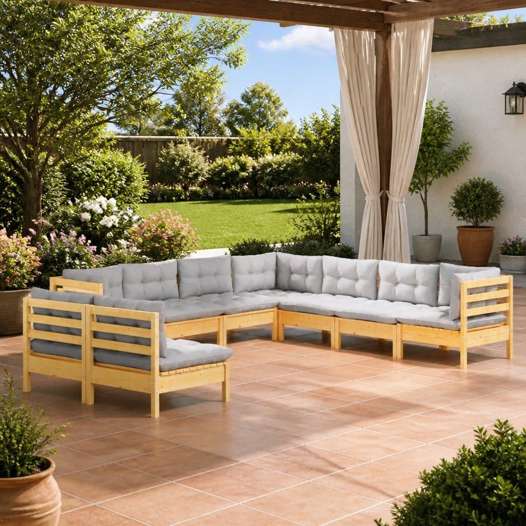 9 Piece Garden Lounge Set with Grey Cushions