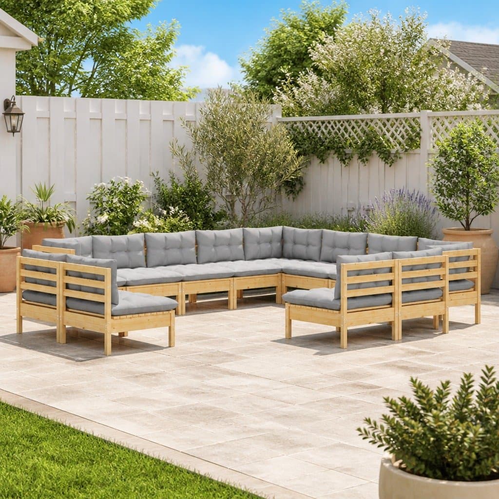 Garden Lounge Set 12 Piece Outdoor Furniture Patio Sofa Grey Cushions Pinewood