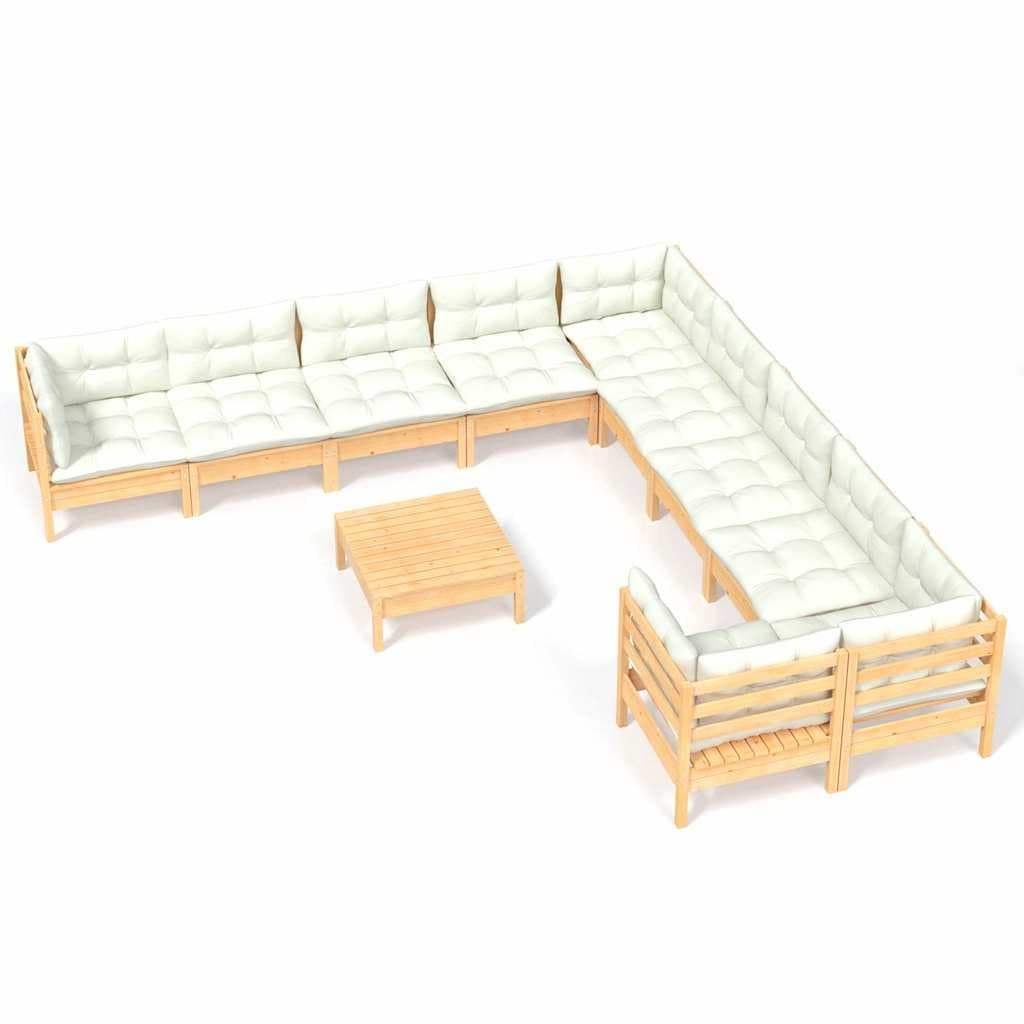 11 Piece Pinewood Garden Lounge Set with Cream Cushions