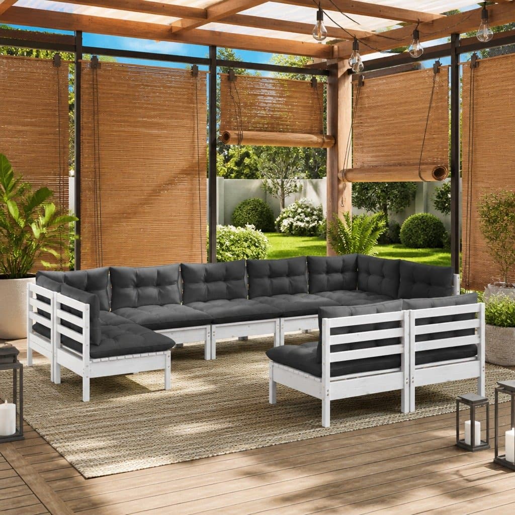 9 Piece Outdoor Patio Lounge Set in White Pinewood
